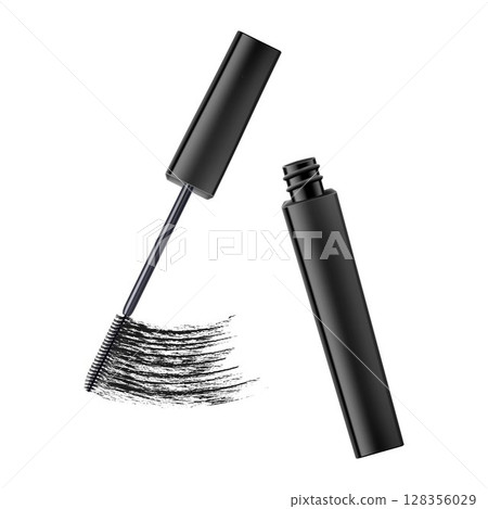 Mascara and black brush stroke, cosmetic object, beauty concept. Realistic 3d vector illustration, isolated on white background. Mascara fashion banner, template for advertising or magazine page. Mascara and black brush stroke, cosmetic object, beauty concept. Realistic 3d vector illustration, isolated on white background. Mascara fashion banner, template for advertising or magazine page. 128356029