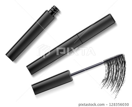 Mascara and black brush stroke, cosmetic object, beauty concept. Realistic 3d vector illustration, isolated on white background. Mascara fashion banner, template for advertising or magazine page. Mascara and black brush stroke, cosmetic object, beauty concept. Realistic 3d vector illustration, isolated on white background. Mascara fashion banner, template for advertising or magazine page. 128356030