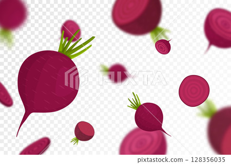 Falling beet, isolated on transparent background. Flying whole and sliced beets vegetable with blurry effect. Can be used for wallpaper, banner, poster, print. Vector flat design 128356035