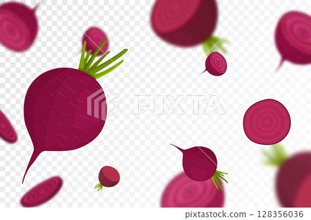 Falling beet, isolated on transparent background. Flying whole and sliced beets vegetable with blurry effect. Can be used for wallpaper, banner, poster, print. Vector flat design 128356036