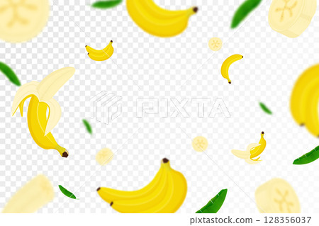 Flying Banana background, seamless pattern with defocused blur effect. Falling Ripe banana and palm leaves isolated. Can be used for wallpaper, banner, poster, print, fabric, wrapping paper. Vector 128356037
