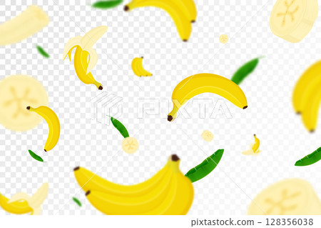 Flying Banana background, seamless pattern with defocused blur effect. Falling Ripe banana and palm leaves isolated. Can be used for wallpaper, banner, poster, print, fabric, wrapping paper. Vector 128356038