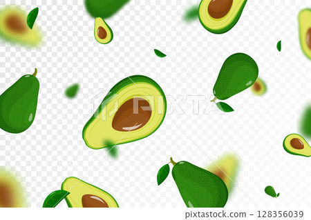 Flying avocado, seamless pattern background with whole and half of avocado fruit with kernels, with blurred effect. lat design vector illustration. Falling avocado isolated on transparent background 128356039