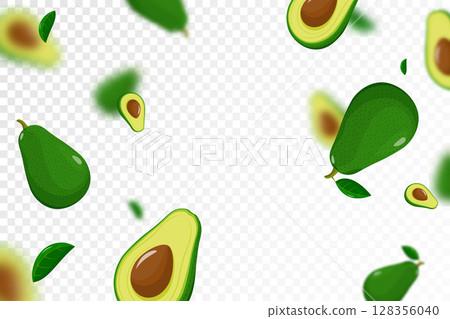 Flying avocado, seamless pattern background with whole and half of avocado fruit with kernels, with blurred effect. Realistic 3d vector illustration. Falling avocado isolated on transparent background 128356040