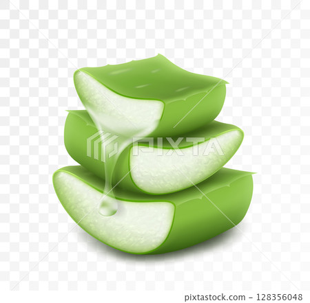 Essence from aloe vera plant drips from stem. Aloe Vera collagen Serum Skin Care Cosmetic. Realistic 3d vector illustration isolated on transparent background 128356048