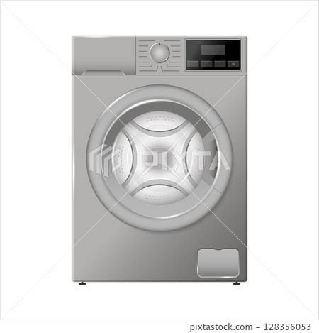 Washing machine mockup. Flat design. Modern laundromat, 3d laundry, washing appliance for household chores. Vector bathroom equipment for cloth washing. 128356053