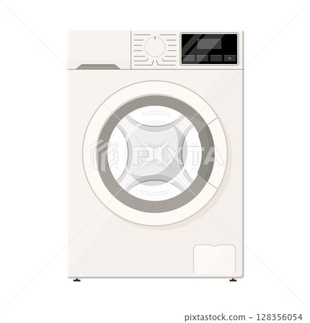 Washing machine mockup. Flat design. Modern laundromat, 3d laundry, washing appliance for household chores. Vector bathroom equipment for cloth washing. Washing machine mockup. Flat design. Modern laundromat, 3d laundry, washing appliance for household chores. Vector bathroom equipment for cloth washing. 128356054