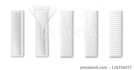 Chewing gum. White bubble gum mockup. Chewy teeth whitening plates. White mint chewing gum set for ads and package element, isolated on white background, 3d vector realistic illustration Chewing gum. White bubble gum mockup. Chewy teeth whitening plates. White mint chewing gum set for ads and package element, isolated on white background, 3d vector realistic illustration 128356057