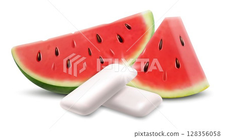 Chewing gum Watermelon flavor. Chewing pads with fresh watermelon friut isolated on white background. Product placement detailed label design. Realistic 3d vector illustration. Chewing gum Watermelon flavor. Chewing pads with fresh watermelon friut isolated on white background. Product placement detailed label design. Realistic 3d vector illustration. 128356058