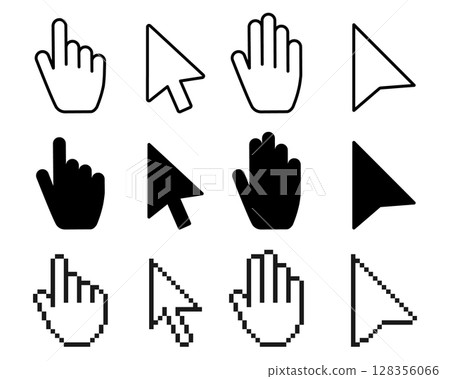 Pointer cursor icons. Computer web arrows mouse cursors and clicking line pointer cursor selecting. Pixel hand, pointer hand, arrow logo vector isolated icons set 128356066