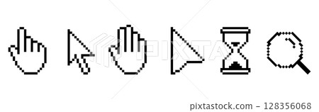 Pixel cursors icons - mouse cursor, hand pointer, hourglass. Vector illustration. 128356068