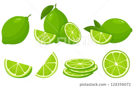 Set of fresh whole, half, cut slice lime fruits isolated on white background. Summer fruits for healthy lifestyle. Organic fruit. Cartoon style. Vector illustration for any design. Set of fresh whole, half, cut slice lime fruits isolated on white background. Summer fruits for healthy lifestyle. Organic fruit. Cartoon style. Vector illustration for any design. 128356072