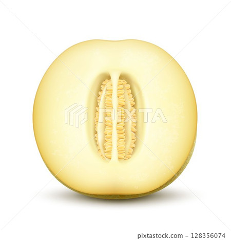 Half of Melon fruit, ripe garden plant, organic product. Juicy natural healthy farm fruit with dry stem and yellow cracked peel. Realistic 3d vector design element isolated on white background 128356074