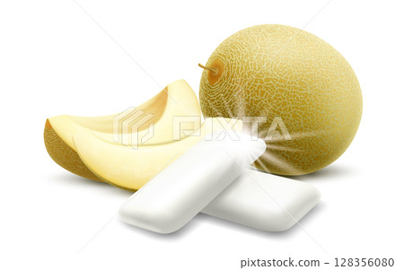 Bubble gum with honeydew melon flavor. Chewing pads with fresh melon friut isolated on white background. Realistic 3d Vector illustration. Bubble gum with honeydew melon flavor. Chewing pads with fresh melon friut isolated on white background. Realistic 3d Vector illustration. 128356080