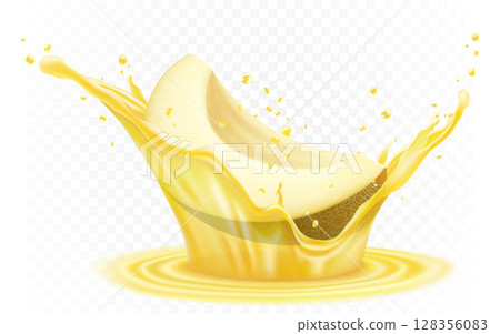 Honeydew Melon. Fresh sweet melon fruit with realistic yellow juice splash. Melon beverage or flavor. Realistic vector 3d isolated illustration Honeydew Melon. Fresh sweet melon fruit with realistic yellow juice splash. Melon beverage or flavor. Realistic vector 3d isolated illustration 128356083