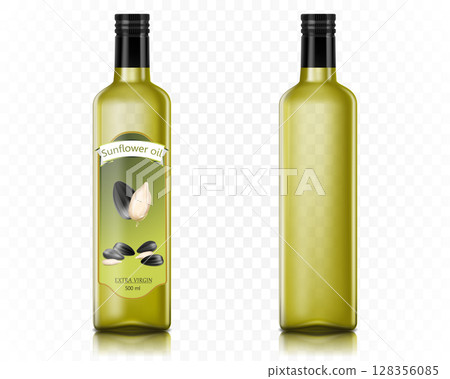 Sunflower oil glass bottle mockup. Extra virgin oil jar. Food cooking product, organic vegetarian diet. Vegetable oil brand jar with black cork. Realistic 3d vector Sunflower oil glass bottle mockup. Extra virgin oil jar. Food cooking product, organic vegetarian diet. Vegetable oil brand jar with black cork. Realistic 3d vector 128356085