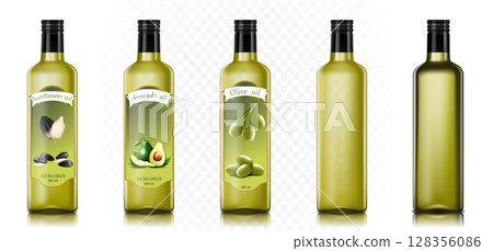 Olive, sunflower and avocado oils glass bottle mockup. Extra virgin oil jar. Food cooking product, organic vegetarian diet. Vegetable oil brand jar with black cork. Realistic 3d vector Olive, sunflower and avocado oils glass bottle mockup. Extra virgin oil jar. Food cooking product, organic vegetarian diet. Vegetable oil brand jar with black cork. Realistic 3d vector 128356086
