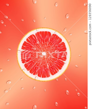 Grapefruit slice. Background of fresh grapefruit round slices and drops of water. Seamless pattern. Realistic 3d vector illustration. 128356090