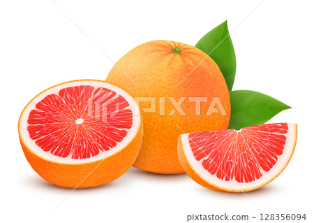 Fresh grapefruit set, with various view of whole grapefruit, halves and slices, isolated on white background. Realistic 3d vector illustration Fresh grapefruit set, with various view of whole grapefruit, halves and slices, isolated on white background. Realistic 3d vector illustration 128356094