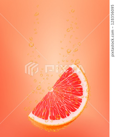 Falling slice grapefruit fruit into water. 3d realistic vector illustration. Packaging design elements. Juicy advertising cut citrus. Cocktail, juice. Falling slice grapefruit fruit into water. 3d realistic vector illustration. Packaging design elements. Juicy advertising cut citrus. Cocktail, juice. 128356095
