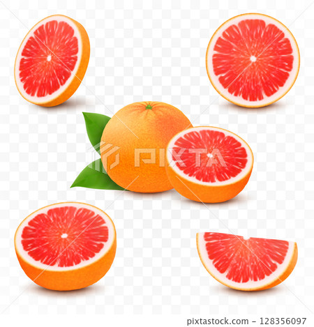 Set of fresh juicy grapefruit with leaves. Half, slice, and whole of citrus fruit, isolated on transparent background. Summer fruits for healthy lifestyle. Realistic 3d vector illustration 128356097
