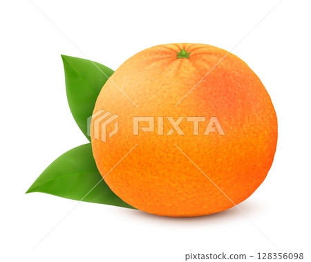 Ripe juicy grapefruit with leaves, isolated on white background. Realistic 3d vector illustration. Ripe juicy grapefruit with leaves, isolated on white background. Realistic 3d vector illustration. 128356098