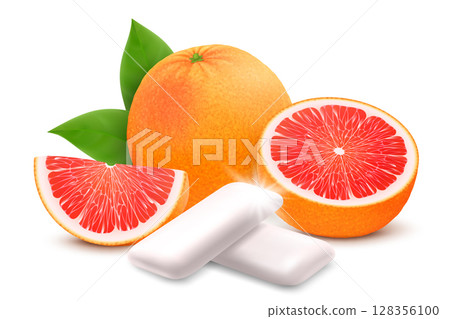Grapefruit chewing gum. Bubble gum with grapefruit citrus flavor. Chewing pads with fresh ripe grapefruit, oral health product, realistic advertising poster. Isolated 3d vector illustration 128356100