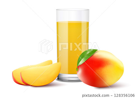 Fresh mango fruit and mango juice in a glass, realistic vector 3d illustration, isolated on white background Fresh mango fruit and mango juice in a glass, realistic vector 3d illustration, isolated on white background 128356106