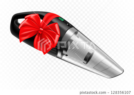 Manual car vacuum cleaner with red ribbon and bow. 3D rendering. Gift concept. Realistic vector illustration isolated on white background 128356107