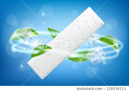 Chewing gum, with ice cubes and mint leaves. Green leaves spearmint for fresh breathing. Refreshing sweet candy, isolated on white background. Realistic 3d vector 128356111