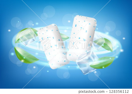 Pads of bubble gum with ice cubes and mint leaves. Green leaves spearmint for fresh breathing. Chewing gums for healthy teeth and dental hygiene. Refreshing sweet candy, isolated on white background. 128356112