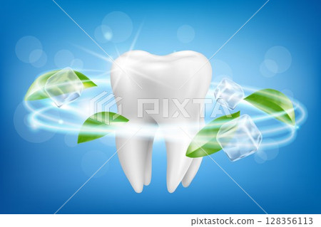 Ad template for toothpaste and other oral care products, with giant tooth model, ice cubes and mint leaves. Dynamic whitening effect, vector 3d realistic illustration 128356113