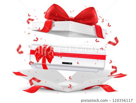 Air conditioner with red ribbon and bow inside open gift box. Gift concept, 3D rendering. Realistic vector illustration isolated on white background 128356117
