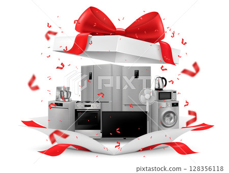 Gift concept, home appliances inside gift box. Refrigerator, microwave, food processor, TV, washing machine, gas stove, isolated on white background. 3D rendering. Realistic vector illustration 128356118