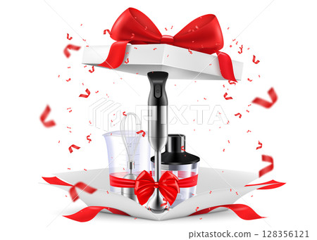 Blender with red ribbon and bow inside open gift box. Gift concept. Kitchen appliances. Isolated 3d vector illustration 128356121