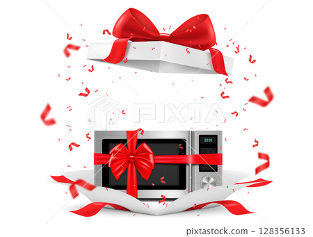 Microwave with red ribbon and bow inside open gift box. Gift concept. Kitchen appliances. Isolated 3d vector illustration. 3D rendering. 128356133