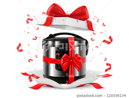 Multicooker with red ribbon and bow inside open gift box. Gift concept. Kitchen appliances. Isolated 3d vector illustration. 3D rendering. 128356134