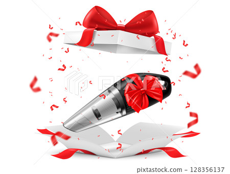 Manual car vacuum cleaner with red ribbon and bow inside open gift box. 3D rendering. Gift concept. Realistic vector illustration isolated on white background Manual car vacuum cleaner with red ribbon and bow inside open gift box. 3D rendering. Gift concept. Realistic vector illustration isolated on white background 128356137