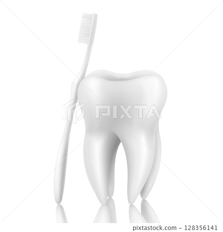 Vector 3d Realistic Toothbrush and Tooth Closeup Isolated on White Background. Medical Dentist Illustration. Design Template, Clipart, Mockup. Dental Health Concept 128356141