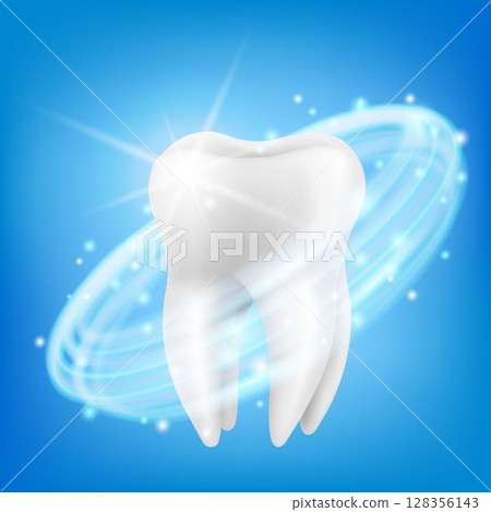 Protective vortex around tooth. Whitening of human tooth. Teeth protection, tooth care dental medical vector concept. Realistic 3d vector illustration. 128356143