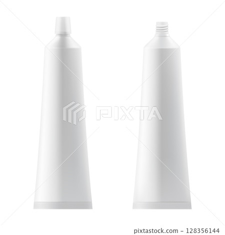 A set of empty tubes of toothpaste. Open and closed tubes. Mockup of white tubes isolated on white background. Realistic 3d vector illustration. 128356144