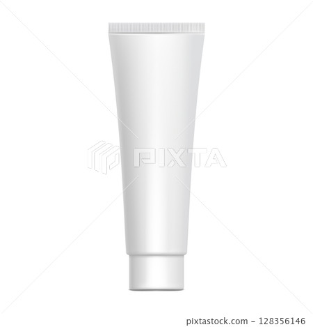 White glossy plastic tube for medicine or cosmetics - cream, gel, skin care, toothpaste. 3d Realistic packaging mockup template. Side view. Vector illustration. 128356146