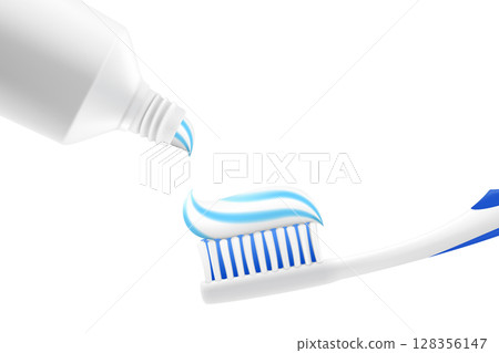 Toothpaste with brush, blank mock up tube. Dental care, whitening, brushing and orthodontic healthcare. Realistic 3d vector illustration Toothpaste with brush, blank mock up tube. Dental care, whitening, brushing and orthodontic healthcare. Realistic 3d vector illustration 128356147