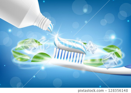 Whitening toothpaste ads with flying mint leaves and sparkling effect around the toothbrush on blue background, Realistic 3d vector illustration Whitening toothpaste ads with flying mint leaves and sparkling effect around the toothbrush on blue background, Realistic 3d vector illustration 128356148