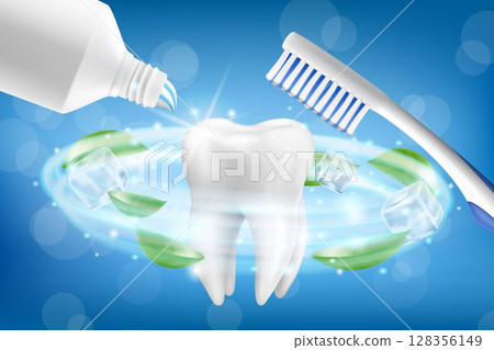 Whitening toothpaste ads. Tooth model and dental care product package design for toothpaste poster or advertising. Realistic 3d Vector illustration. Whitening toothpaste ads. Tooth model and dental care product package design for toothpaste poster or advertising. Realistic 3d Vector illustration. 128356149