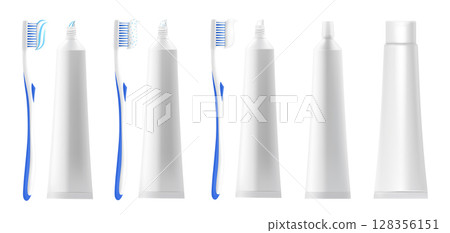 Toothbrush, toothpaste tube isolated on white background. Template mock up. Dental cleaning tools. Oral care and hygiene products. Realistic 3d Vector illustration. 128356151