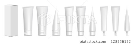 Realistic tubes with box. White plastic tubes for toothpaste, cream, gel and shampoo. Blank packaging front and side view vector mock up. Template for medicine or cosmetics set illustration Realistic tubes with box. White plastic tubes for toothpaste, cream, gel and shampoo. Blank packaging front and side view vector mock up. Template for medicine or cosmetics set illustration 128356152