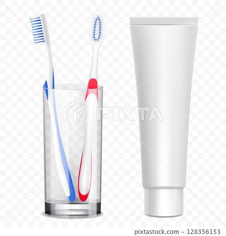 Toothbrushes in glass or plastic cup near toothpaste tube mockup. Oral hygiene products, toiletries for dental, stomatological ads. Vector 3d realistic templates on white 128356153