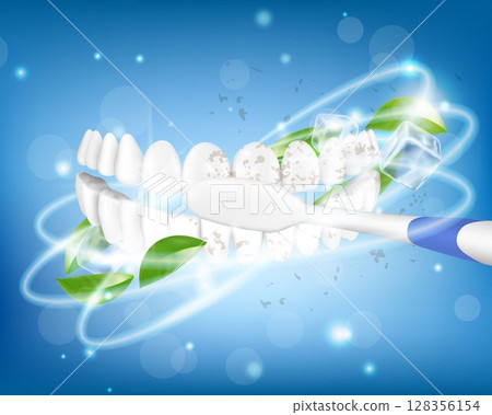 Teeth brushing. Toothbrush cleaning white healthy teeth. Stomatological procedure, oral health. Tooth protection, caries prevention dental clinic service, hygiene routine. Realistic 3d vector banner Teeth brushing. Toothbrush cleaning white healthy teeth. Stomatological procedure, oral health. Tooth protection, caries prevention dental clinic service, hygiene routine. Realistic 3d vector banner 128356154