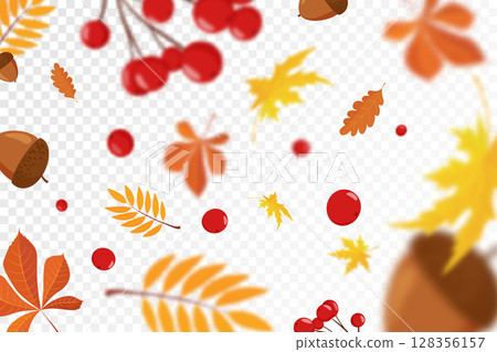 Falling colorful autumn maple and oak leaves, viburnum and acorns with defocused blur effect. Autumn background with leaf fall for your design. vector illustration. Flat design 128356157